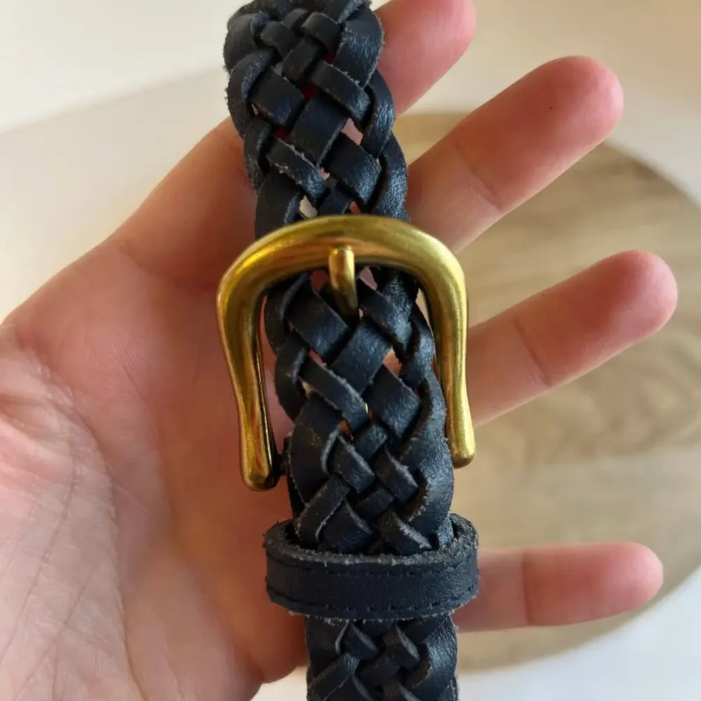 Blue Genuine Split Cowhide Genuine Leather Woven Weaved Gold Buckle Belt Size M